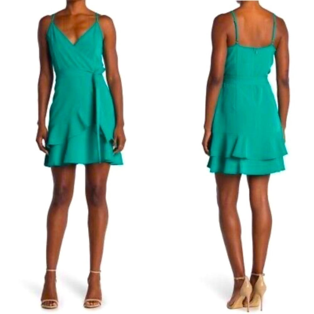 Sage Mini Dress Faux Wrap Ruffle Front/Hem Surplice V Neck Top Green SZ 6